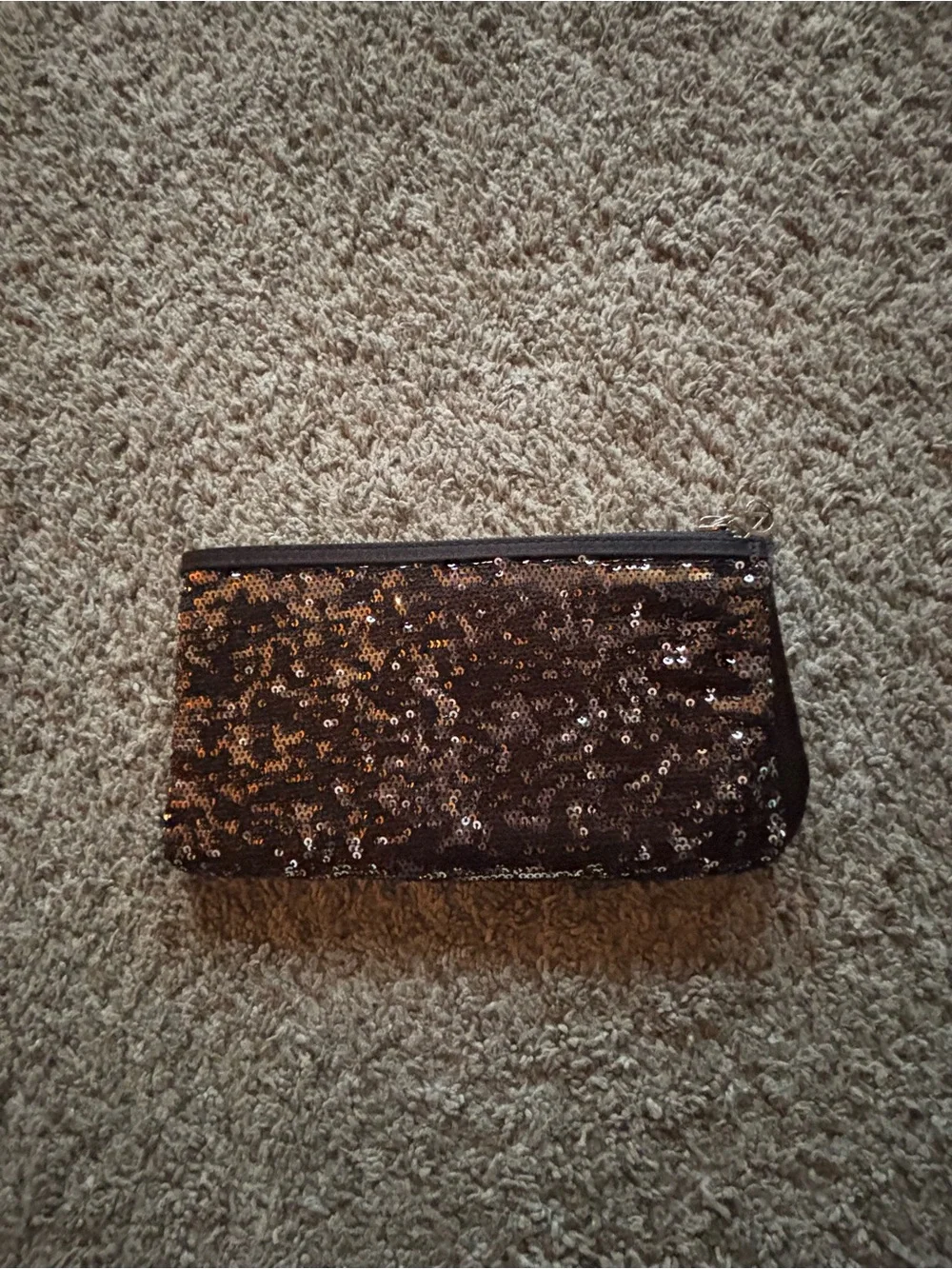 Victoria's Secret Black Sequin Cosmetic Clutch with Gold Accents